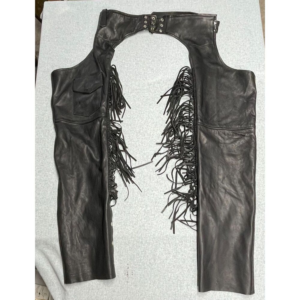 USA Bikers Dream Apparel Leather Motorcycle Chaps Fringe Black Small
